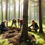 **

*   Prompt: "A diverse group of people planting trees together in a Swedish forest. Sunlight filters through the leaves. Focus on community engagement, practical action, and a sense of hope for the future. Include elements showing sustainable practices, like composting or water conservation. Style: Naturalistic, slightly painterly."

**