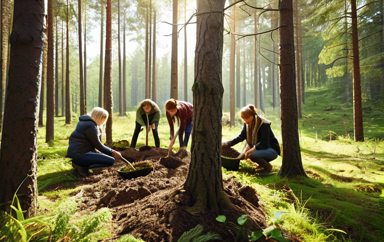 **

*   Prompt: "A diverse group of people planting trees together in a Swedish forest. Sunlight filters through the leaves. Focus on community engagement, practical action, and a sense of hope for the future. Include elements showing sustainable practices, like composting or water conservation. Style: Naturalistic, slightly painterly."

**
