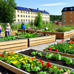 **

A vibrant, modern community garden in a city, possibly Stockholm or Gothenburg. Raised garden beds overflow with seasonal vegetables and flowers. Bees buzz around colorful wildflowers. A diverse group of people, including families and elderly individuals, are tending to the gardens, laughing and enjoying the sunshine. In the background, stylish, eco-friendly apartment buildings are visible with green roofs and solar panels. The overall feel is positive, collaborative, and urban Scandinavian. Focus on natural light and cheerful colors.

**