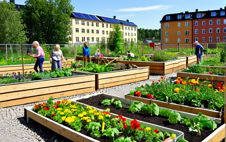 **

A vibrant, modern community garden in a city, possibly Stockholm or Gothenburg. Raised garden beds overflow with seasonal vegetables and flowers. Bees buzz around colorful wildflowers. A diverse group of people, including families and elderly individuals, are tending to the gardens, laughing and enjoying the sunshine. In the background, stylish, eco-friendly apartment buildings are visible with green roofs and solar panels. The overall feel is positive, collaborative, and urban Scandinavian. Focus on natural light and cheerful colors.

**