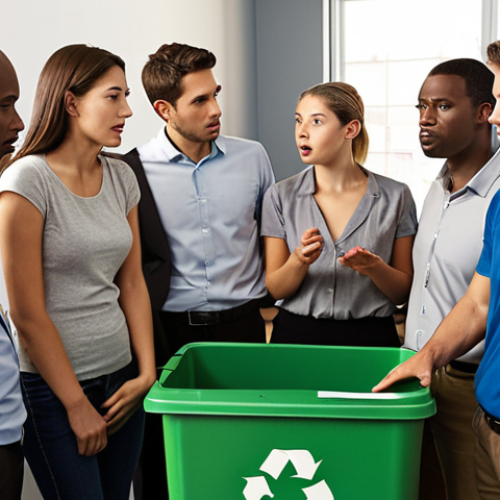 **A team of colleagues gathered around a recycling bin in an office, discussing their recycling habits. Focus on their expressions and body language to convey a sense of awareness and engagement, not just compliance.**
